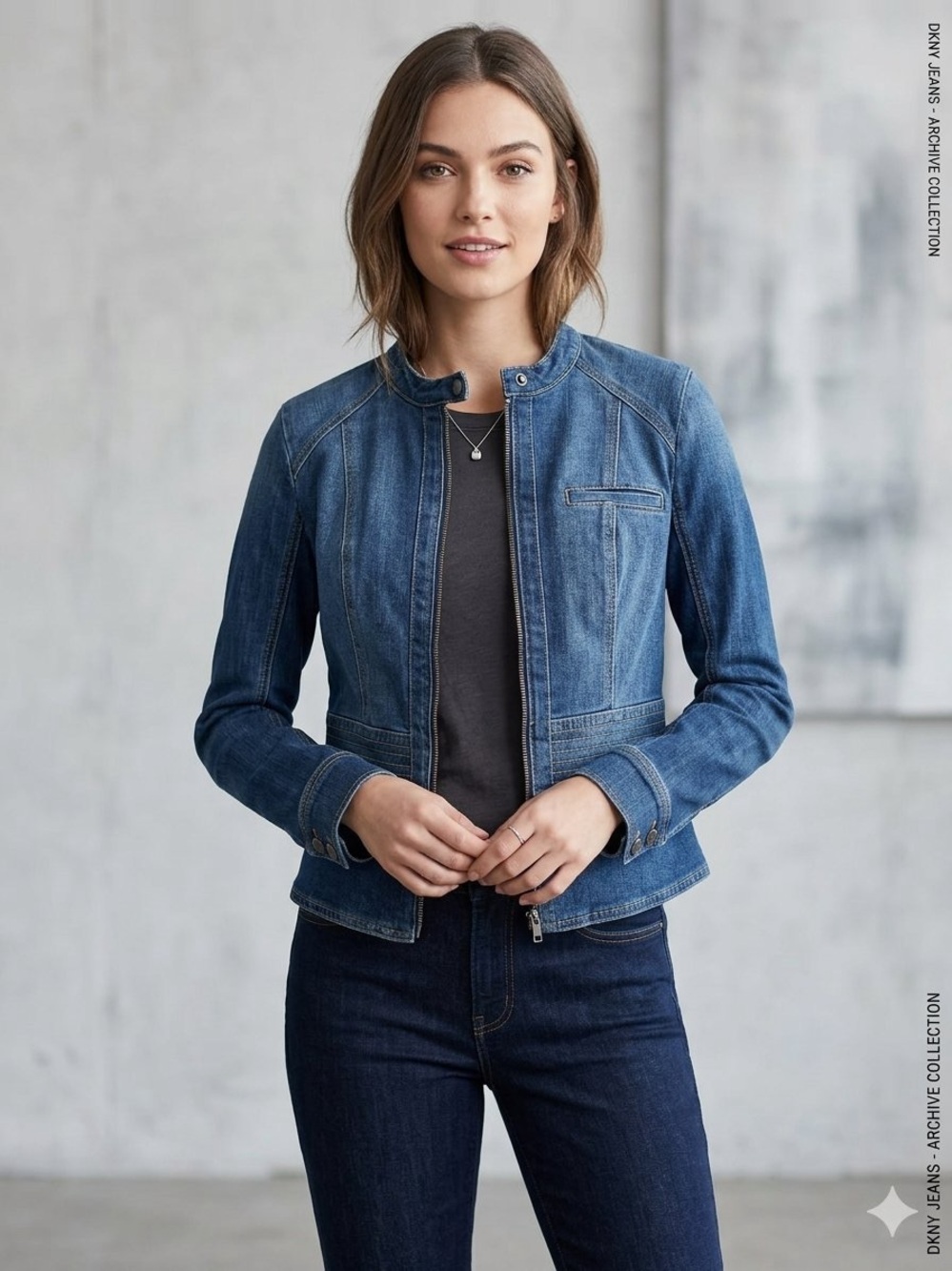 DKNY Jeans Zip Up Denim Jacket Band Collar Fitted Peplum Size Medium